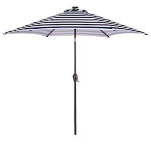 8.7 ft. Blue White striped Round Market Table Umbrella with Push Button Tilt and Crank with 24 LED Lights