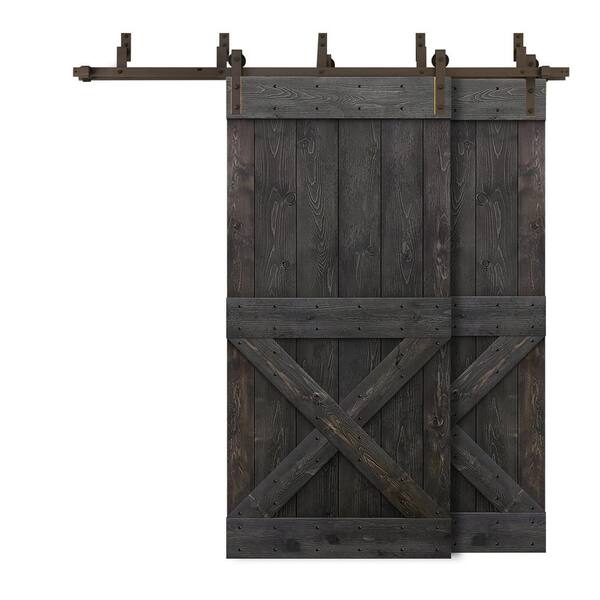 CALHOME 52 in. x 84 in. Mini X Bypass Charcoal Black Stained DIY Solid Wood Interior Double Sliding Barn Door with Hardware Kit