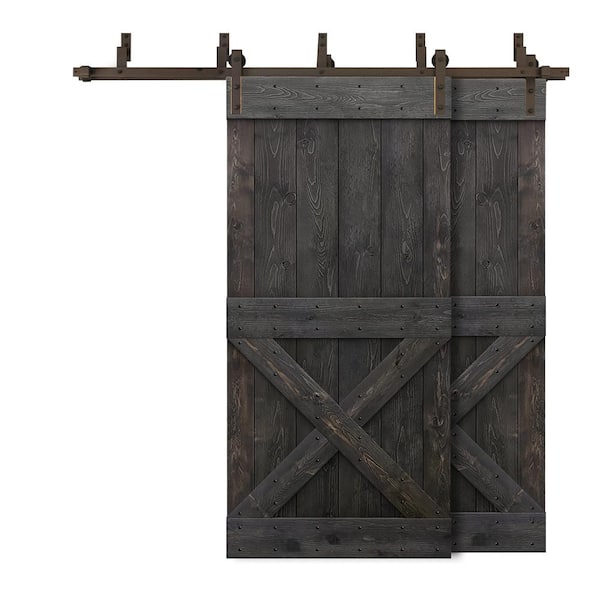 CALHOME 60 in. x 84 in. Mini X-Bypass Charcoal Black Stained DIY Solid Wood Interior Double Sliding Barn Door with Hardware Kit
