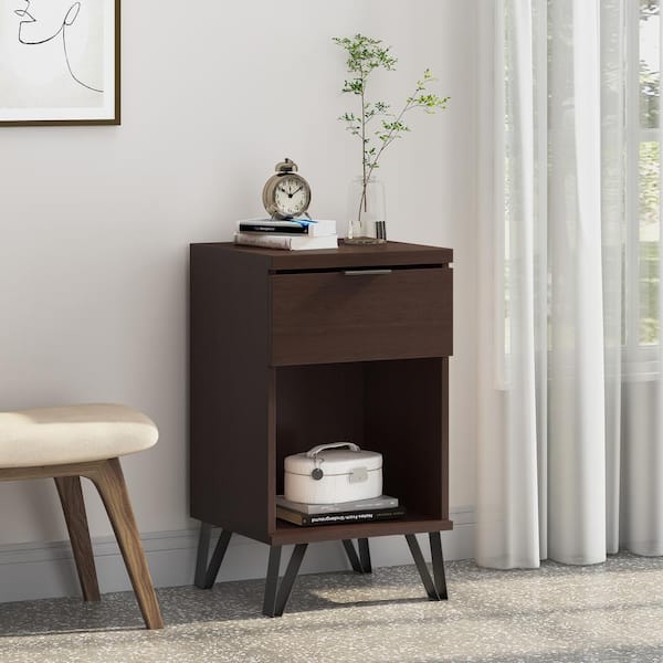Noble House Maurers 1-Drawer Walnut and Matte Black Tall Nightstand