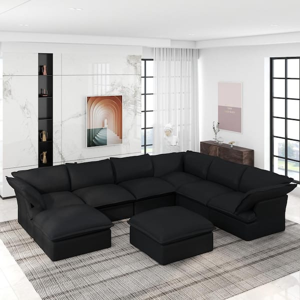 163 in. Flared Arm 8-Piece Linen U-Shaped Overstuffed Deep Seat Cloud Sectional Sofa in Black with Storage Ottomans