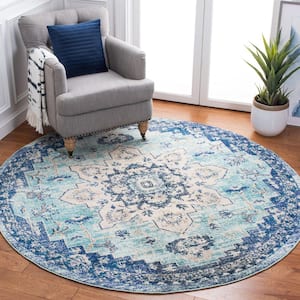 Madison Teal/Navy Doormat 3 ft. x 3 ft. Border Geometric Floral Medallion Round Area Rug