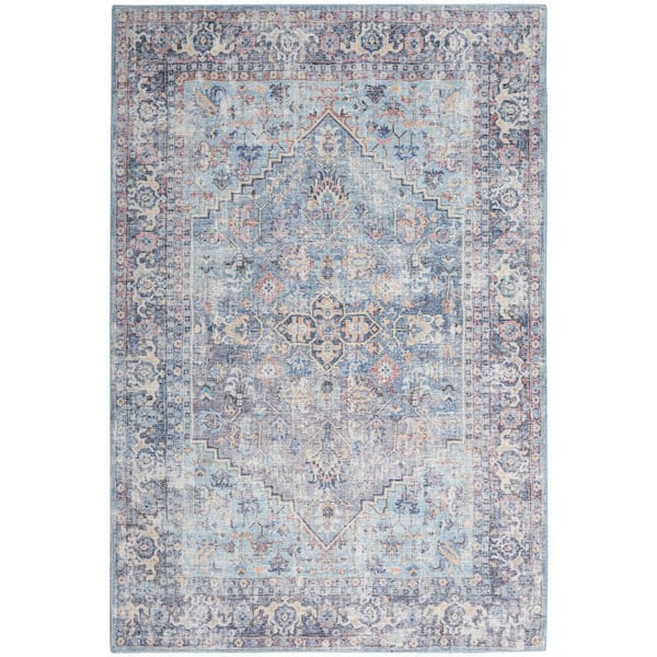 57 Grand Machine Washable Light Grey/Blue 8 ft. x 10 ft. Bordered Traditional Area Rug