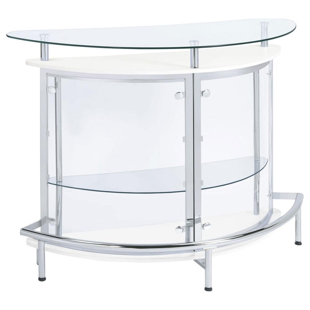 White and Chrome Glass Top Freestanding Home Bar Cabinet