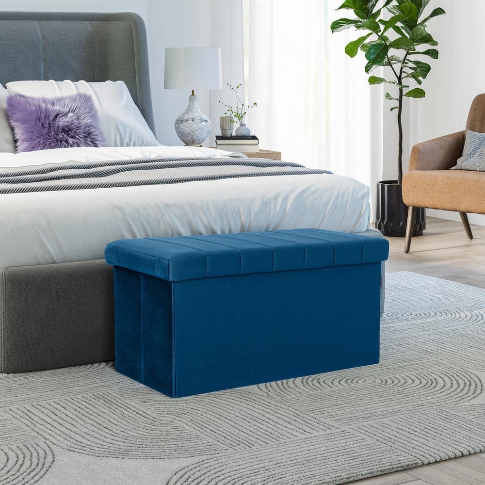 Blue Velvet Tufted Storage Trunk Ottoman, 30 Inch