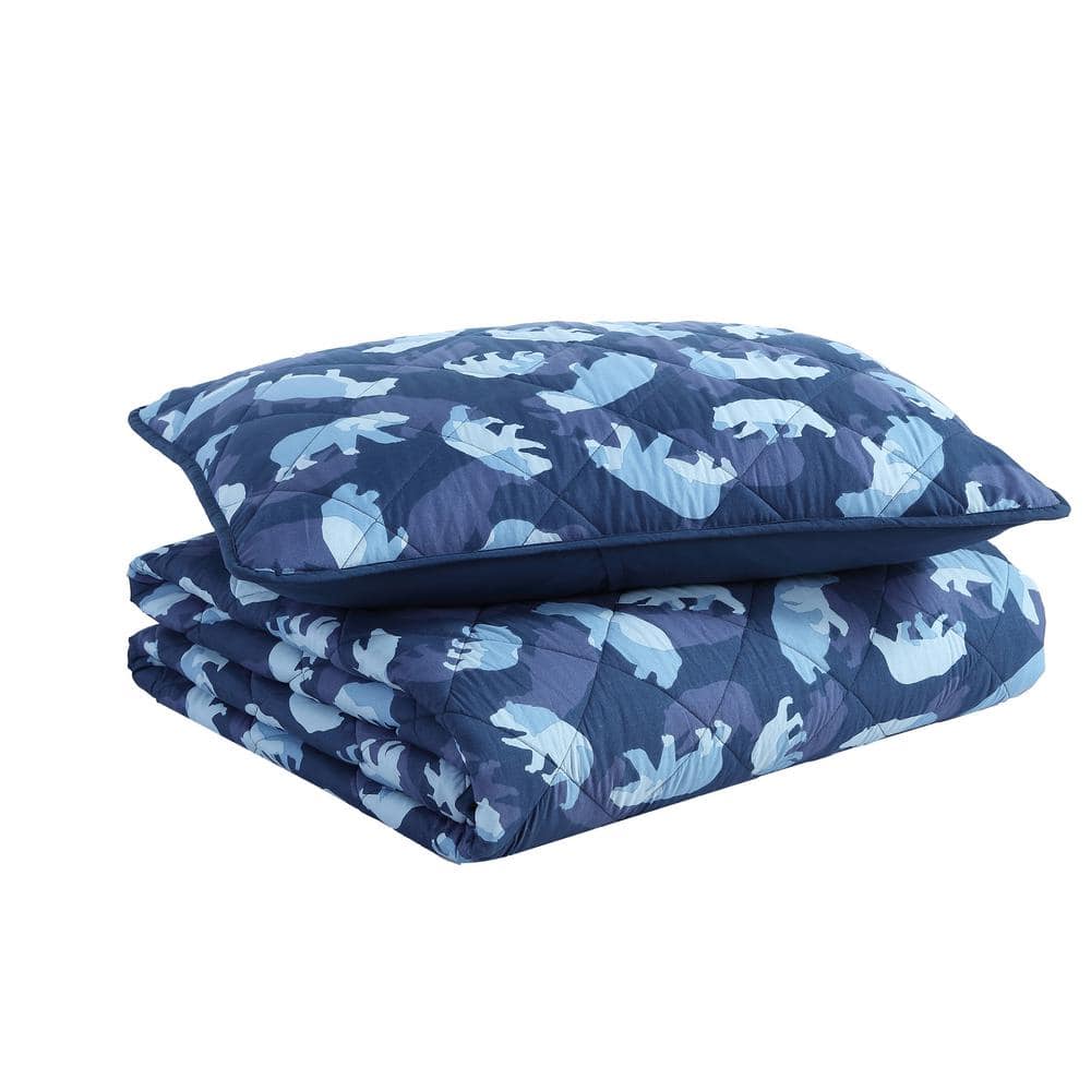Navy Blue Microfiber Twin Kids Reversible Quilt Set