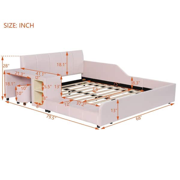 Pink Modern Luxury Wood Frame Full Size Soft Velvet Upholstered Platform Bed with Bedside Desk and Round Stool