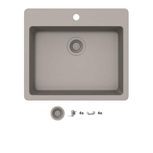 Glacier Bay Stonehaven 25 in. Drop-In Single Bowl Taupe Ice Granite Composite Kitchen Sink with Taupe Strainer