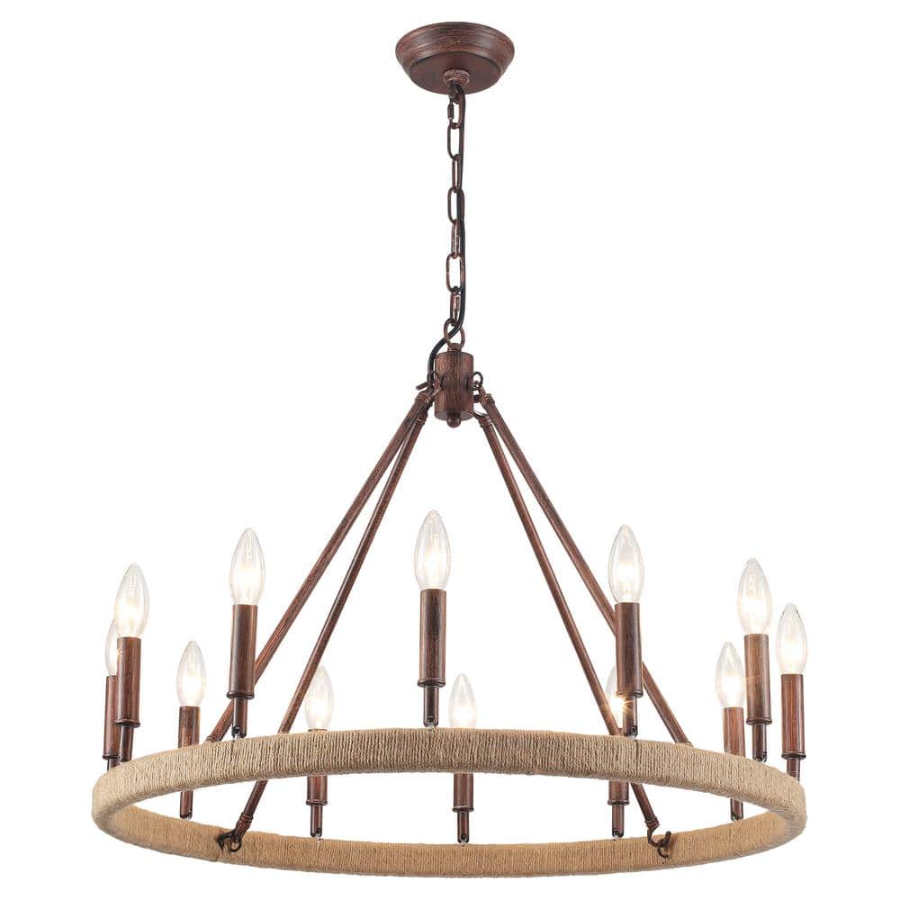 Calvin 12-Light Antique Distressed Rust Red Candle Style Farmhouse Dimmable Kitchen Island Round Wagon Wheel Chandelier price history on PriceWatchPro