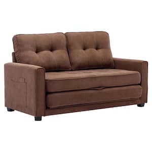 60 in. W Square Arm Chenille Modern Rectangle Pull-out Sofa Bed in Brown with Side Pocket
