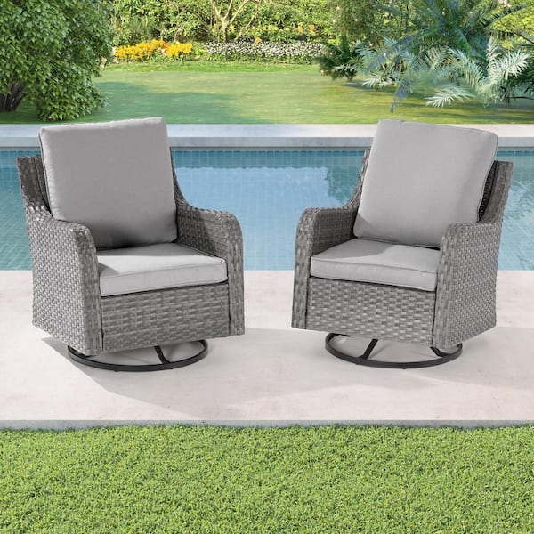 Sonkuki 2-Piece Patio Sofa Set Gray Wicker Furniture Set Swivel Rocking Sofa Outdoor Rocking Chair with Linen Grey Cushion