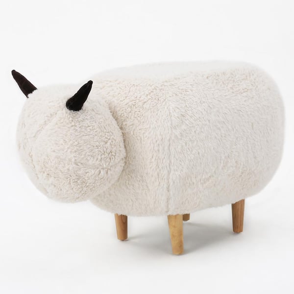 Noble House Pearcy White Furry Sheep Ottoman Bench