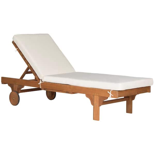 SAFAVIEH Newport Natural Brown 1-Piece Wood Outdoor Chaise Lounge Chair with Beige Cushion