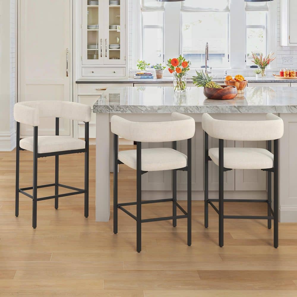 OrangeOne 26 in. Linen Fabric Metal Frame Bar Chair Wraparound Upholstered Counter Height Bar Stools (Set of 3) LEO-LINEN-3