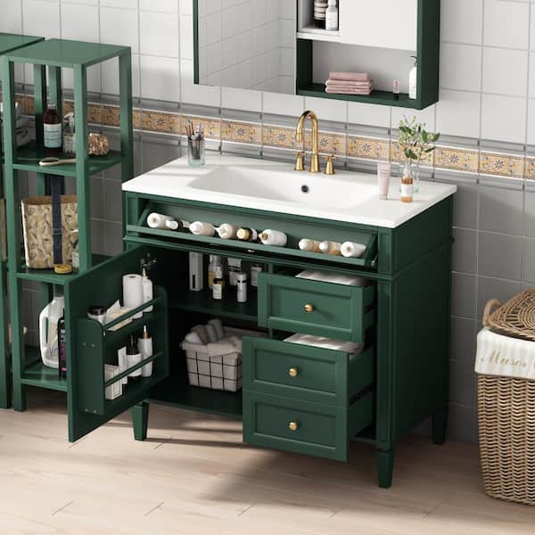 36 in. Single Sink Freestanding Green Bath Vanity with White Resin Top Unassembled