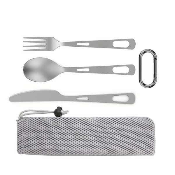3 Piece Titanium Flatware Set, Ultra Lightweight Portable Reusable Knife Fork Spoon with Bag & Carabiner for Camping