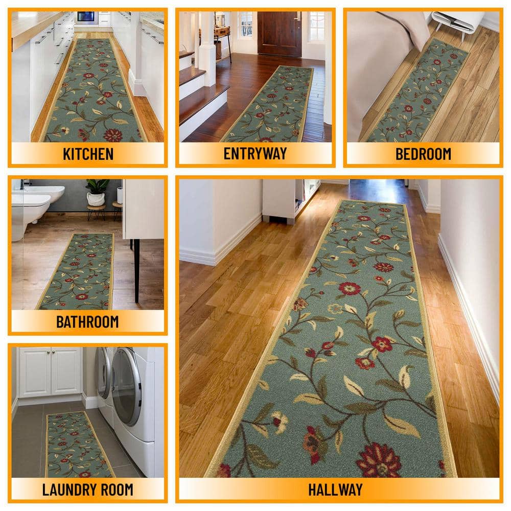 Seafoam Green Floral Non-Slip Hallway Runner Rug