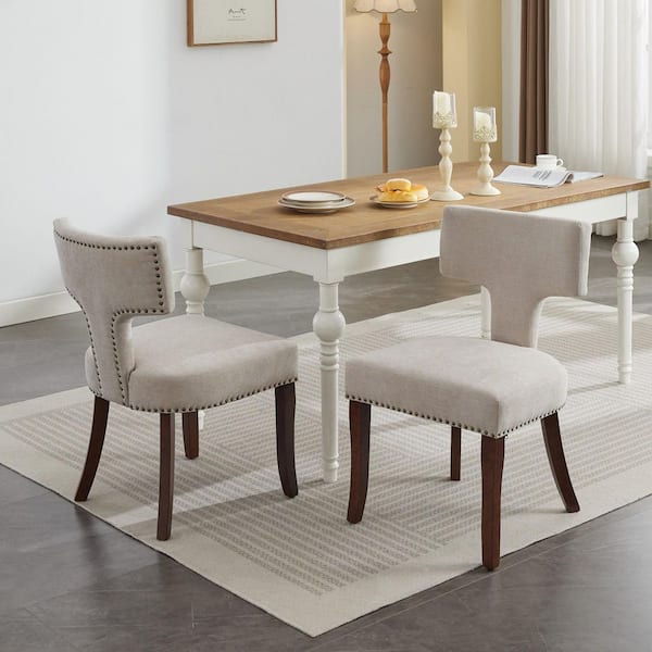 Beige Modern Dining Chairs Set of 2, Upholstered Accent Chairs with Curved Backrest & Copper Nails, Solid Hardwood Frame