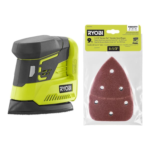 RYOBI ONE+ 18V Cordless Corner Cat Finish Sander (Tool Only) with Extra 9-Piece 5-1/2 in. Corner Cat Sand Paper 60 Grit