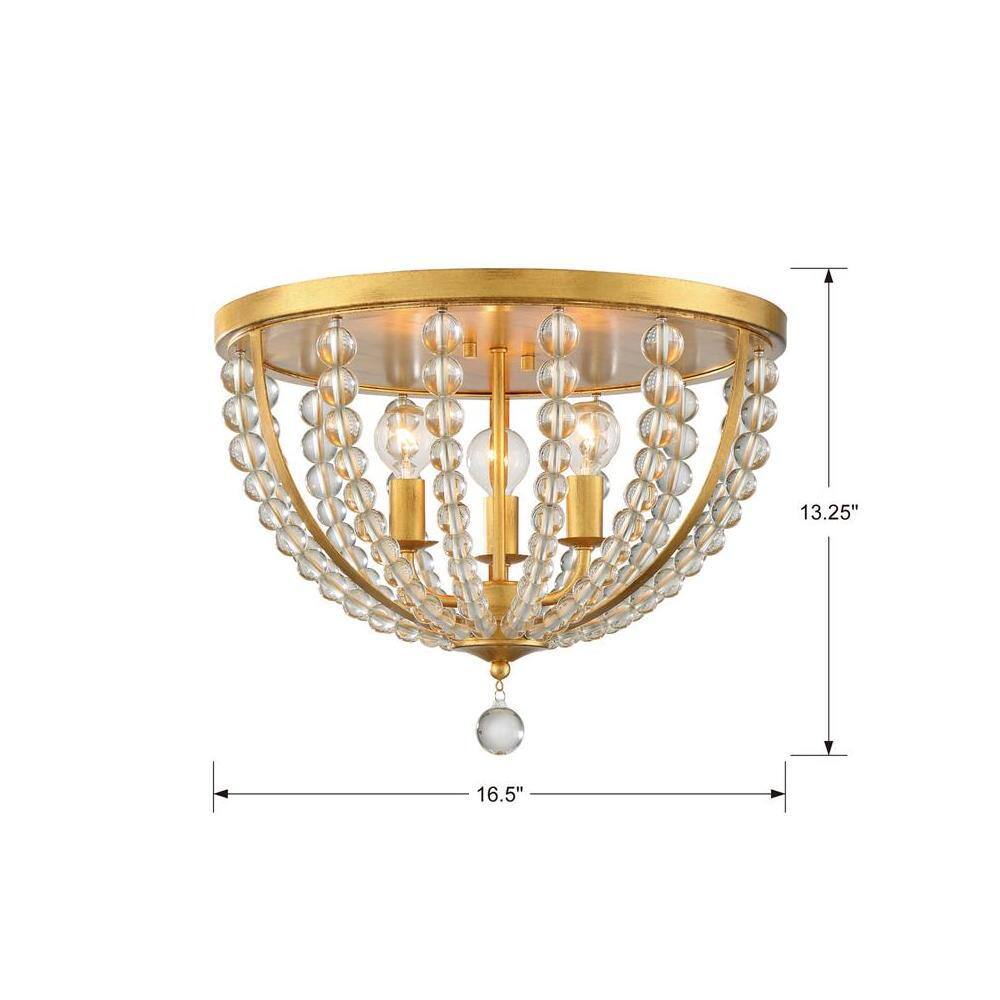 Elegant Antique Gold 3-Light Flush Mount with Clear Glass Beads