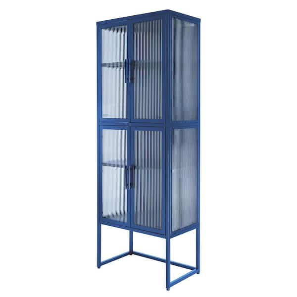 Unbranded 23.70 in. W x 13.86 in. D x 65.55 in. H Blue 4-Door Tempered Glass Linen Cabinet with 4 Glass Doors Adjustable Shelves