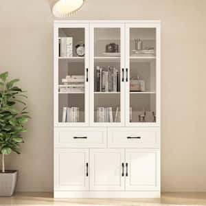 78.9 in. Tall 8-Shelf White Wood Standard Bookcase with Adjustable Shelves, Tempered Glass Doors,-Drawers