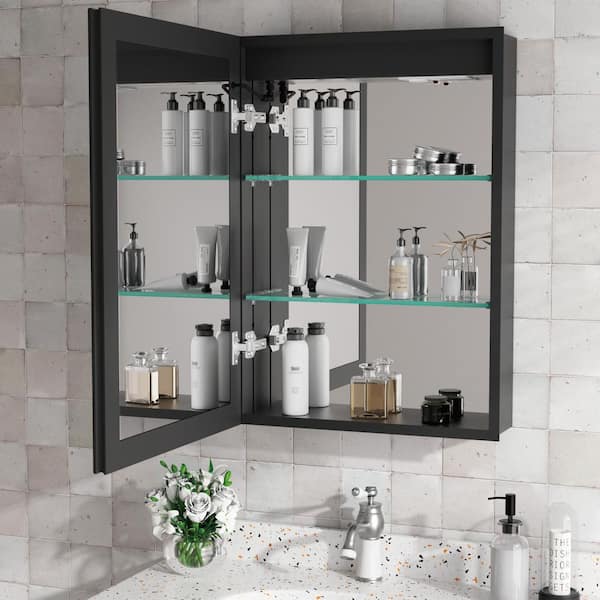 Flora 16 in. W x 24 in. H Rectangular Aluminum Recessed Medicine Cabinet with Mirror and Light, Dimmable, Left Hinge