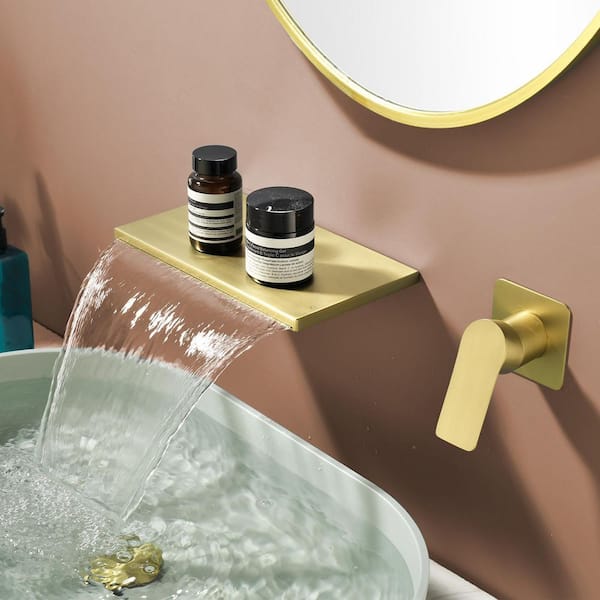Single Handle Wall-mount Faucet SUS304 Stainless Steel Bathroom Faucet with Water Spout in Brushed Gold
