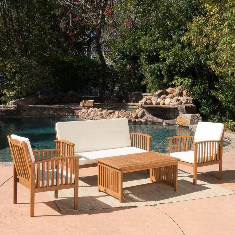 4-Piece Acacia Wood Patio Furniture Set, Outdoor Conversation Set Sectional