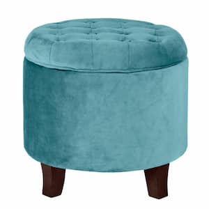 Teal Velvet Tufted Round Ottoman with Storage 18 in. H x 19 in. W