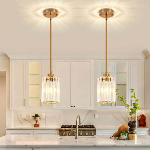 1-Light Gold Modern Pendant Light with Crystal Glass Shades and Adjustable Height (2-Pieces)