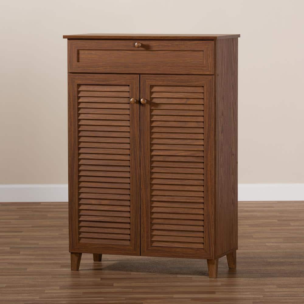 Walnut Finished 5-Shelf Wood Shoe Storage Cabinet with Drawer
