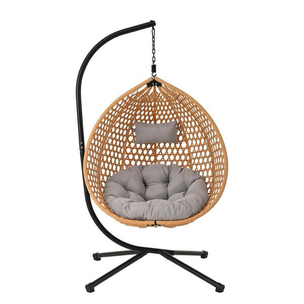 Brown Rattan Outdoor Durable Hanging Egg Chair with Gray Soft Removable Cushion