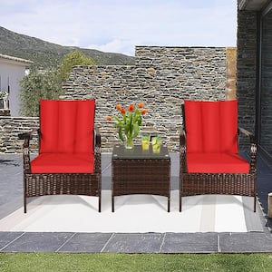 3-Piece Wicker Patio Conversation Set with Red Cushion