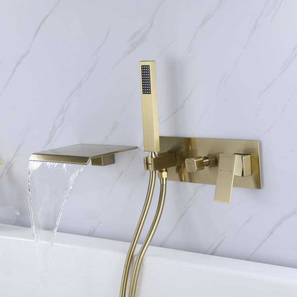 Brushed Gold Wall-Mounted Waterfall Tub Filler with Hand Shower