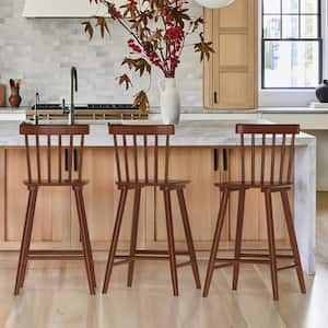 24 in. Brown Wood Counter Stools Bar Stools with Slat Back (Set of 3)