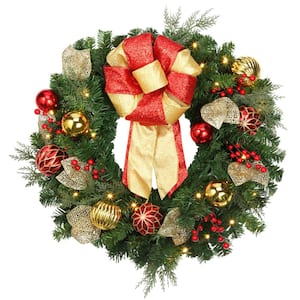 24 in. Green Pre-lit LED Madison Artificial Christmas Wreath with Bows, Berries, and Ornaments