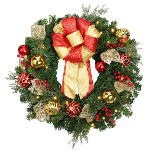 Haute Decor 24 in. Green Pre-lit LED Madison Artificial Christmas Wreath with Bows, Berries, and Ornaments