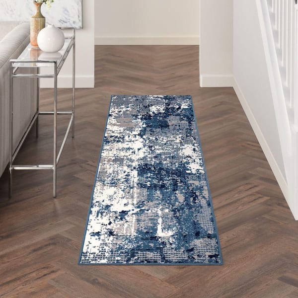 Navy Blue Grafix 2 ft. x 10 ft. Abstract Contemporary Runner Area Rug
