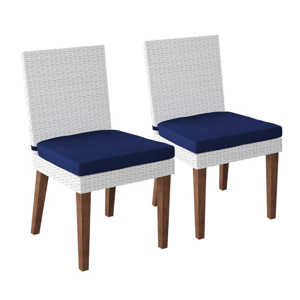White Wicker Outdoor Dining Chairs with Navy Cushions, Set of 2