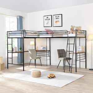 L-shaped Black Metal Twin Size Loft Bed with 2 Built-in Desks and 2 Ladders