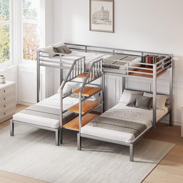Harper & Bright Designs Silver Twin Over Twin and Twin Size Metal Triple Bunk Bed with Built-in Shelf on Top Bed, Staircase/4-Tier Shelves
