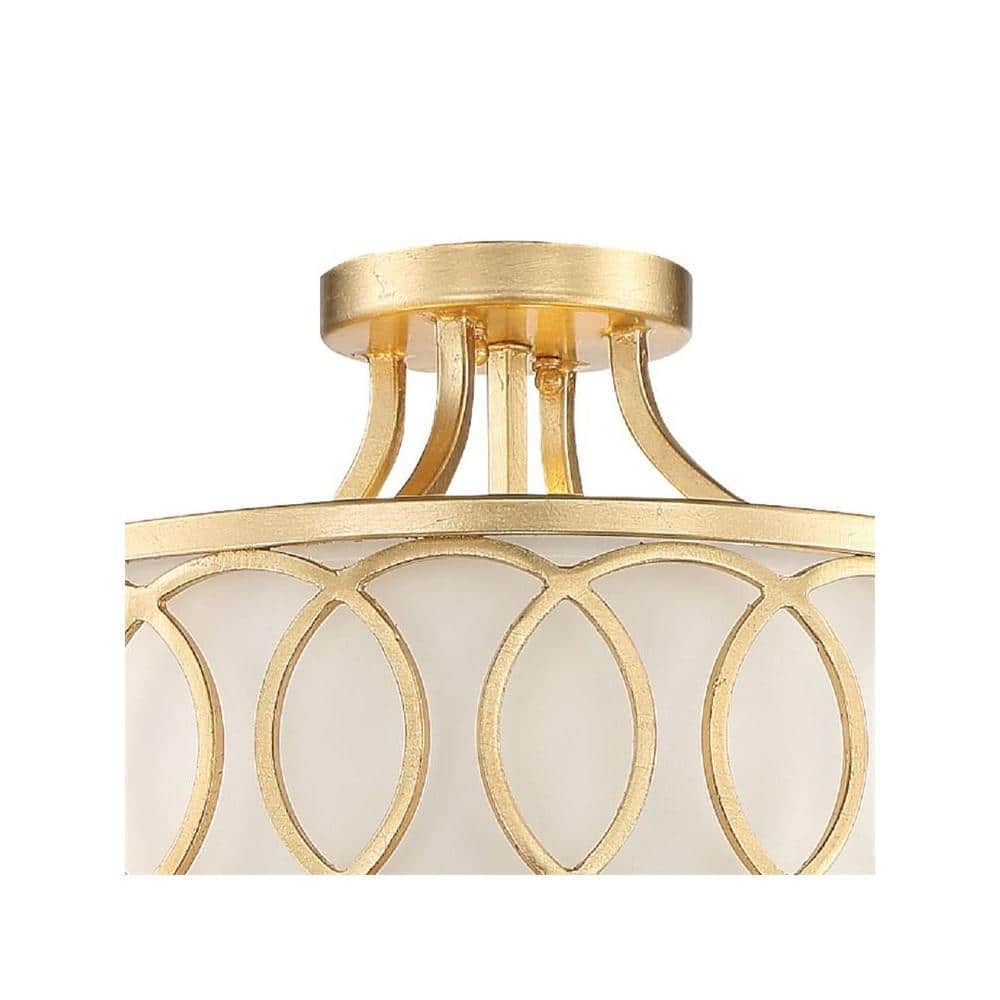 Libby Langdon Antique Gold Circular 3-Light Semi-Flush Mount with White Silk Shade