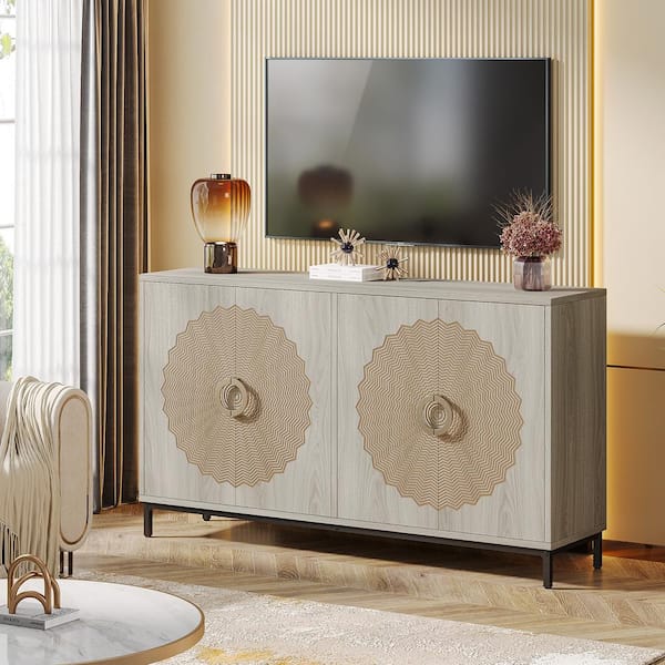 TRIBESIGNS WAY TO ORIGIN Alan Gray Wood 55 in. Sideboard Buffet Kitchen Cabinet with Storage Doors Entryway Cupboard Furniture Living Room