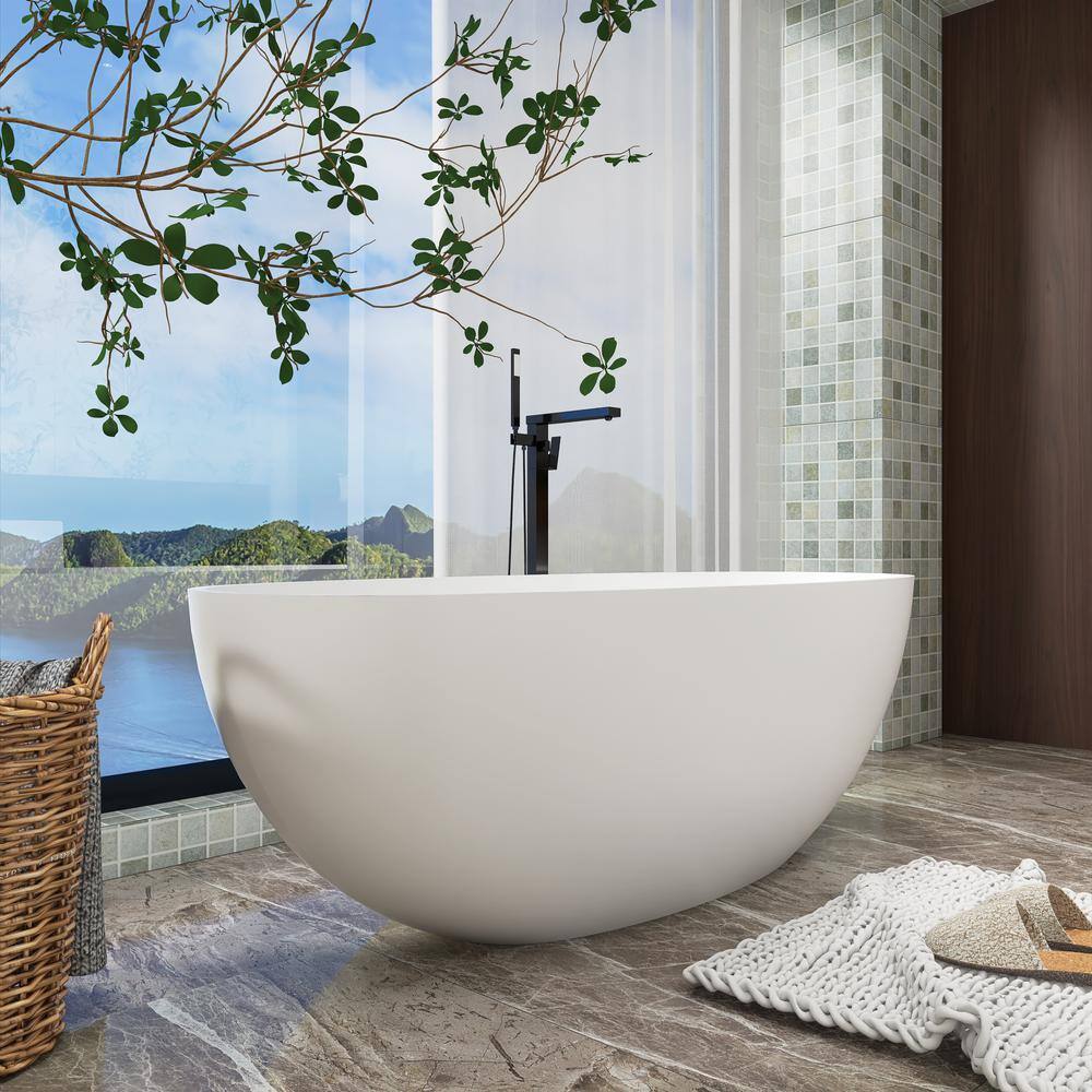 65" Matte White Stone Resin Freestanding Soaking Bathtub
