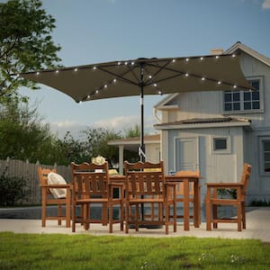 10ft patio umbrella with solar lights JOYESERY 10 ft. x 6.5 ft. Solar LED Rectangle Market Patio Umbrellas with Solar Lights Tilt Button in Light Tan