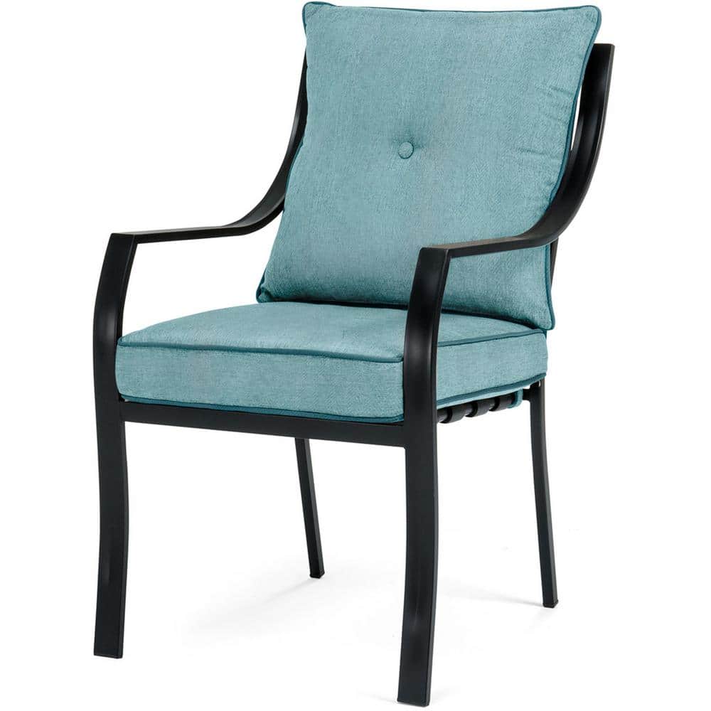 Lavallette 7-Piece Black Steel Outdoor Dining Set with Blue Cushions