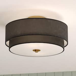Burnaby 20.5 in. W Gold Brass Mid-Century Modern Semi Flush Mount Ceiling Light Black Linen Drum Shade