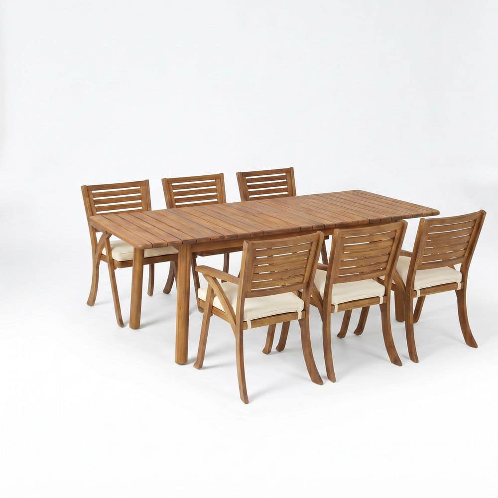 Teak Finish 7-Piece Acacia Wood Rectangular Outdoor Dining Set with Cream Cushions, Seats 6 price history on PriceWatchPro