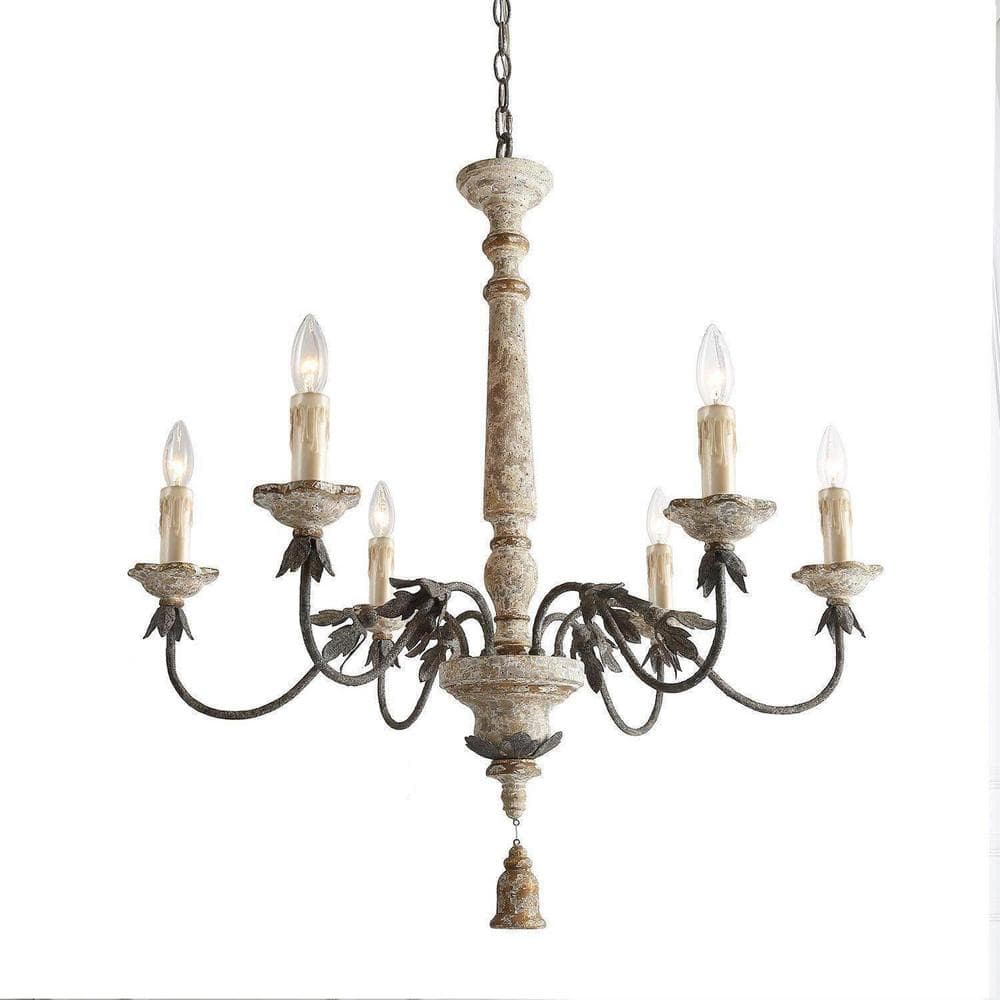 6-Light Farmhouse Chandelier with Distressed Wood French Country Perfect fo